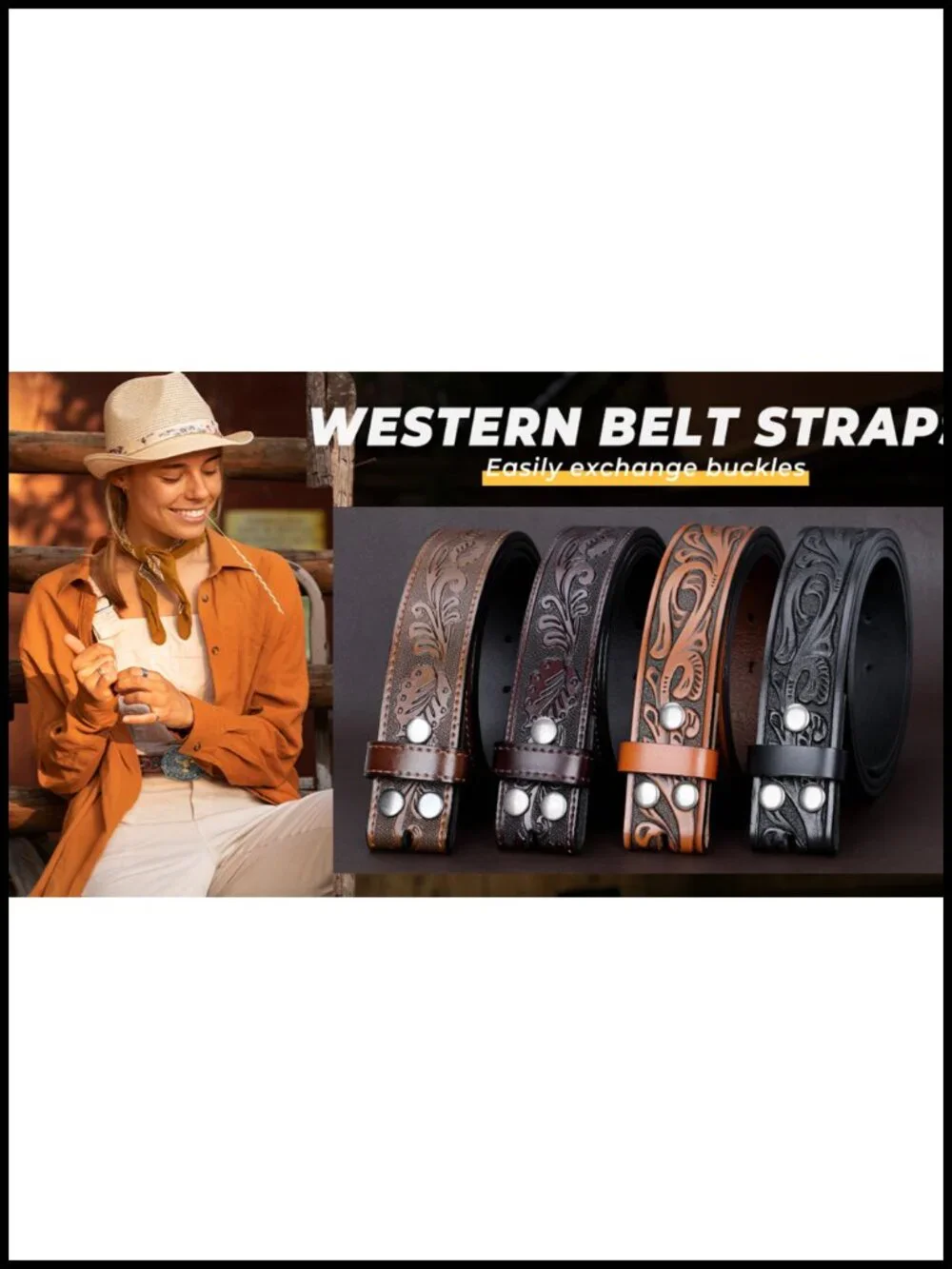 2 Pack Western Leather Belt Straps for Men Women Cowboy No Buckle